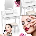 Specchio da Trucco con Sedia e Illuminazione LED – 5 Cassetti – Bianco
