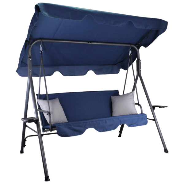 Dondolo da Giardino 3 Posti con Tettuccio Regolabile, Portabicchieri e Cuscini Grigi – 170 x 118 x 153 cm Blu Navy