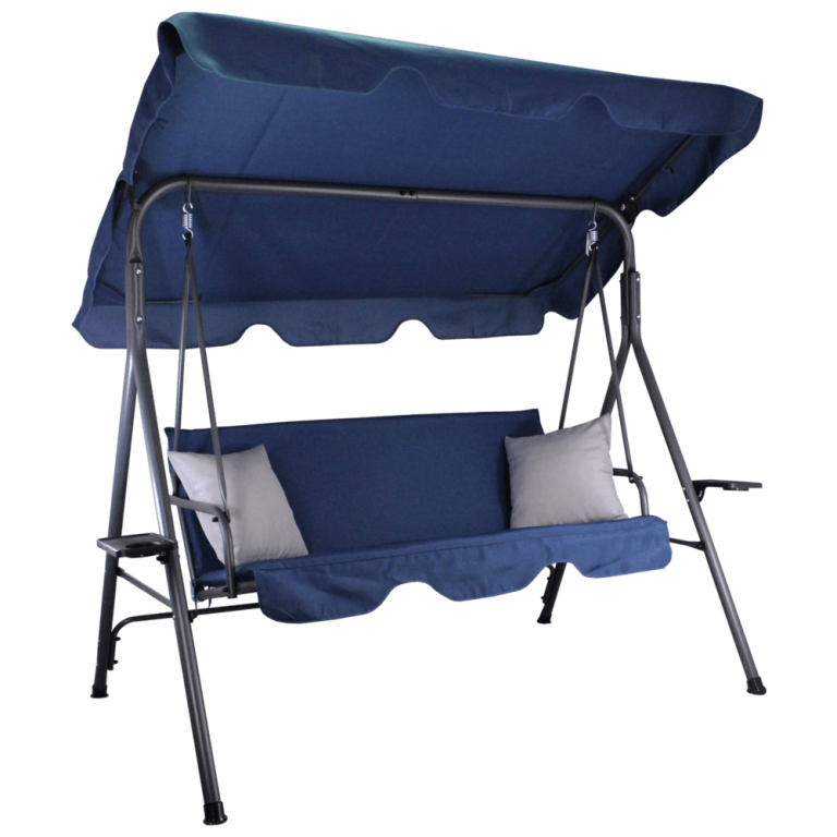 Dondolo da Giardino 3 Posti con Tettuccio Regolabile, Portabicchieri e Cuscini Grigi – 170 x 118 x 153 cm Blu Navy