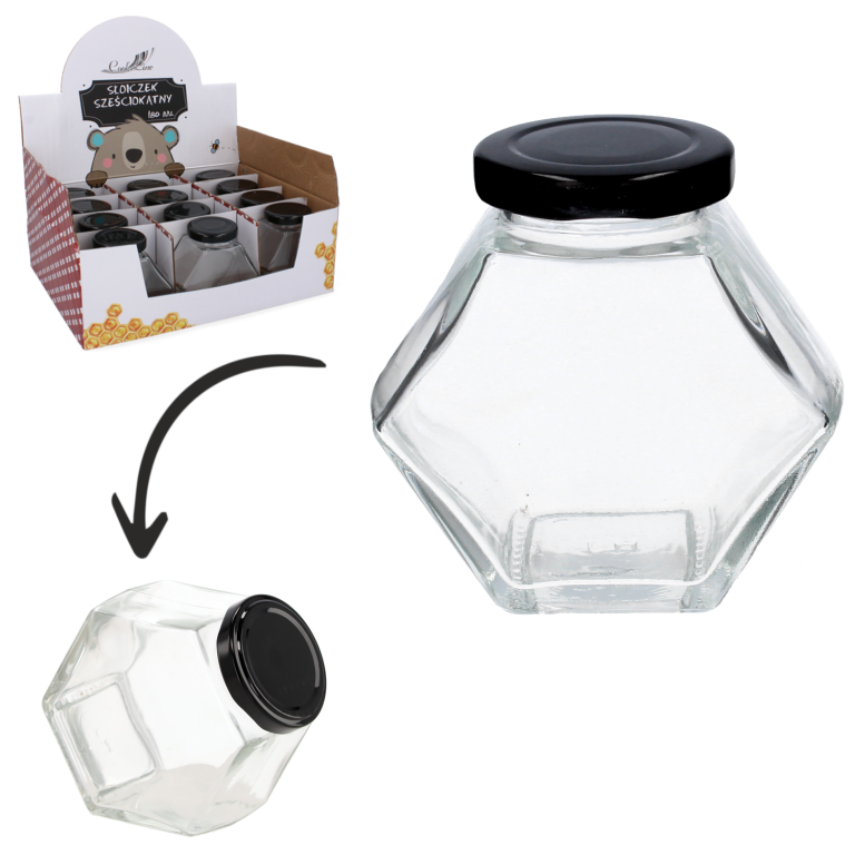 Barattolo Esagonale in Vetro con Coperchio a Vite – Capacità 180 ml